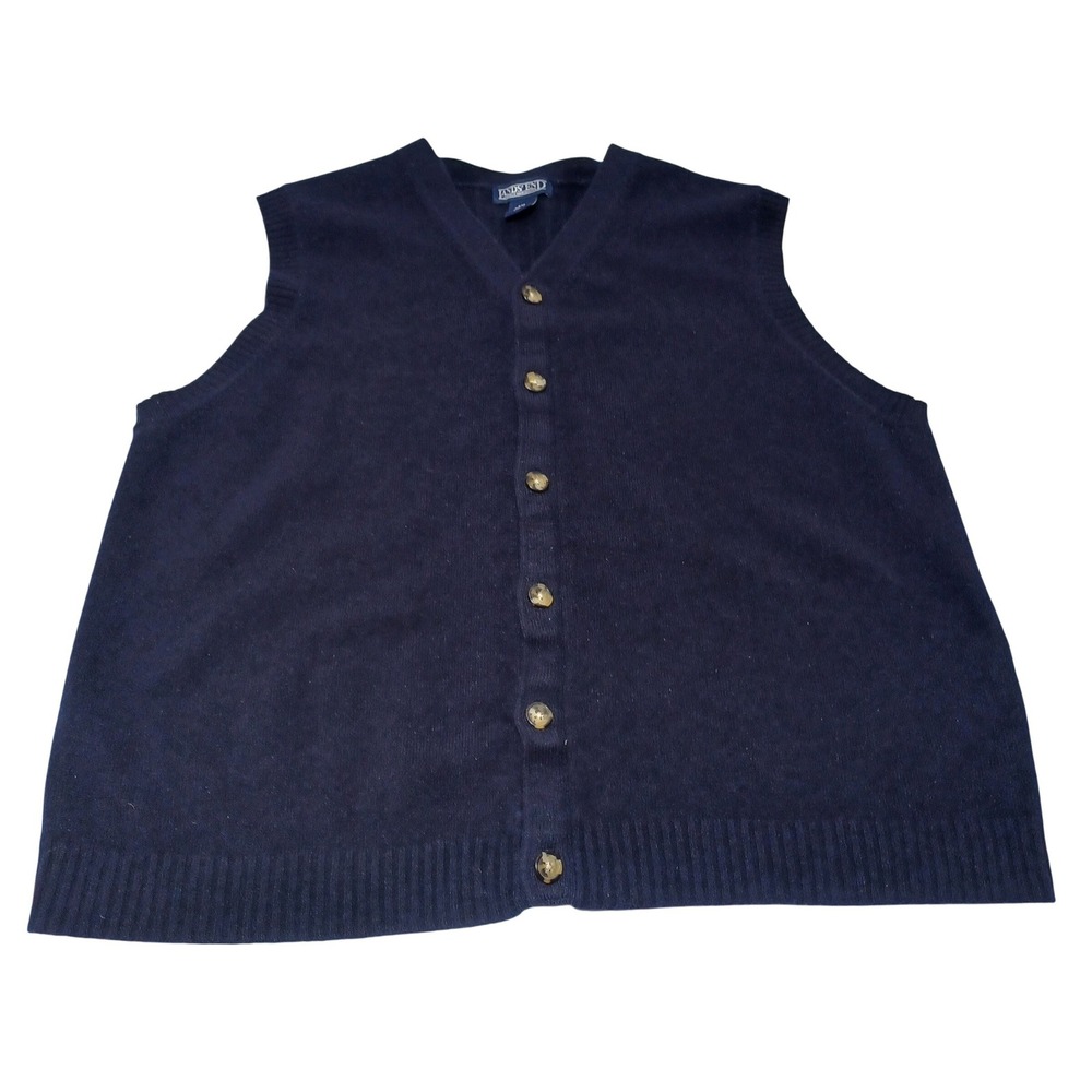 Lands End Mens XXL Lambswool Cardigan Sweater Vest Navy Preppy Grandpa Academia